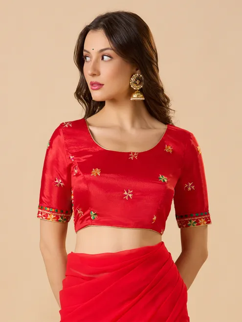 Red chinon embroidered ready made blouse with round neck