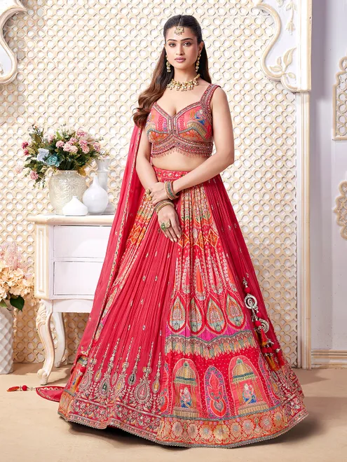 Red colorful motif zardosi work lehenga choli