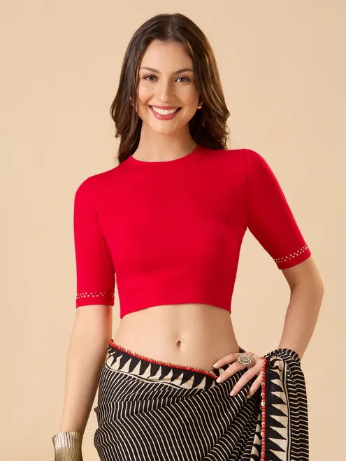 Red cotton lycra solid elbow sleeve ready made blouse