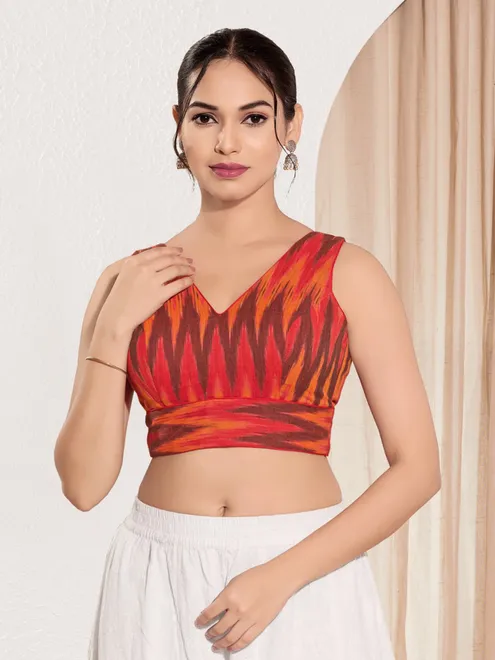 Red cotton printed ready made blouse