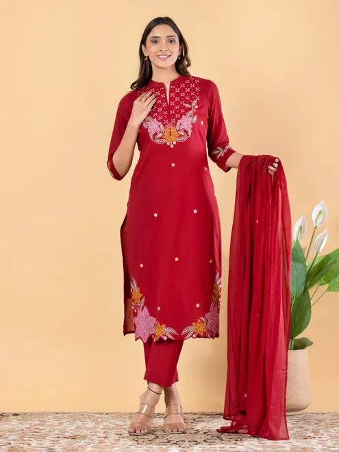 Red cotton silk embellished festive kurti set with dupatta