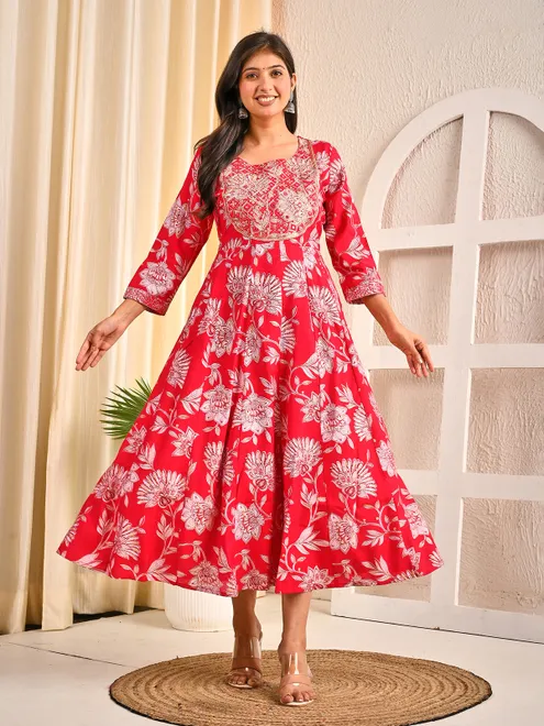 Red cotton silk floral yoke embroidered kurti
