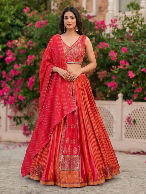 Red cotton silk heritage striped festive lehenga with regal motifs