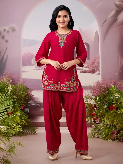 Red cotton silk salwar suit for girls festive outfit
