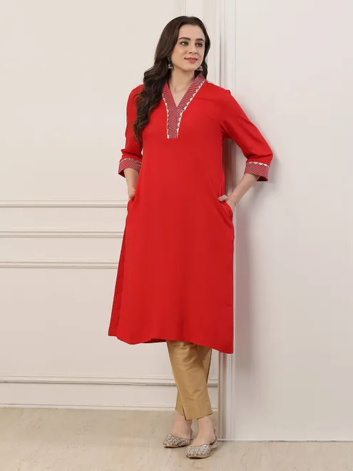 Red cotton silk straight cut kurti for casual elegance