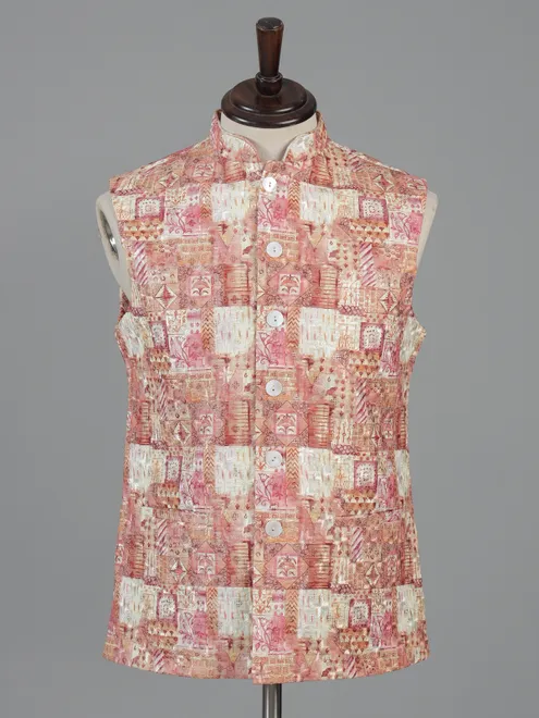Red cotton silk waistcoat with thread work