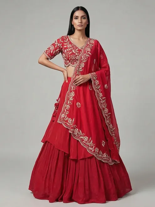 Red crepe lehenga choli for reception party
