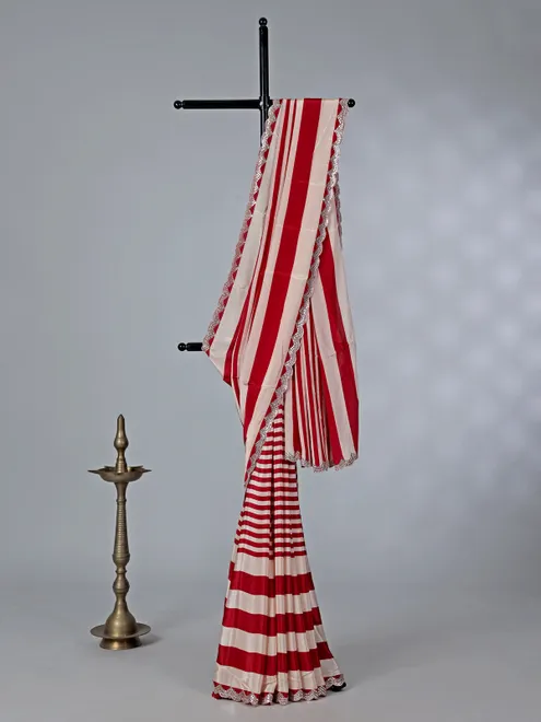 Red crepe silk saree with thread and mirror work