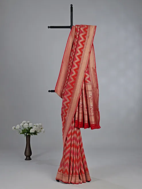 Red dola silk wedding wear saree with zigzag print