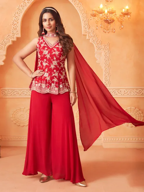Red embellished silk festive wear palazzo suit