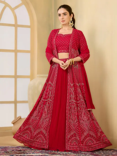 Red embroidered jacket style lehenga choli