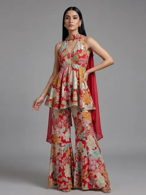 Red floral georgette sharara suit with rich detailing