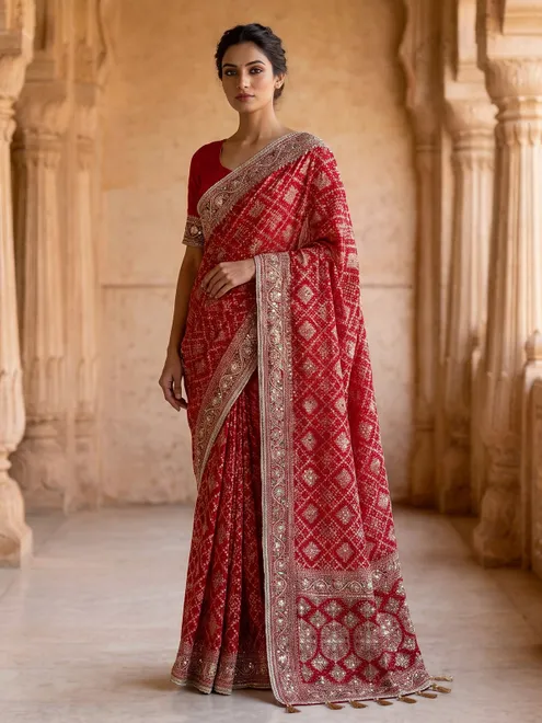 Red georgette bandhej printed saree with bridal embellishmentsc