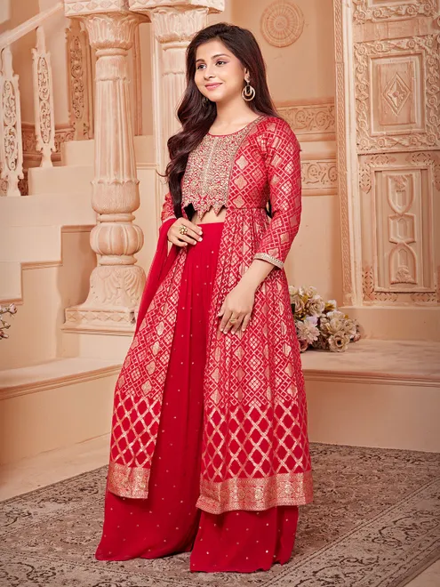 Red georgette palazzo suit for women