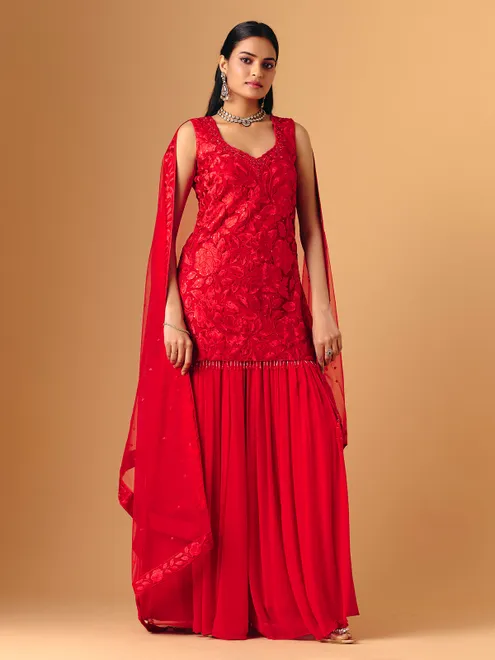 Red georgette silk sleeveless palazzo suit for women