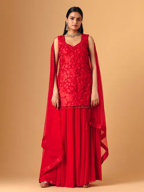 Red georgette silk sleeveless palazzo suit for women