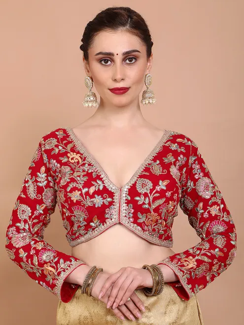 Red georgette V neck embroidered ready made blouse