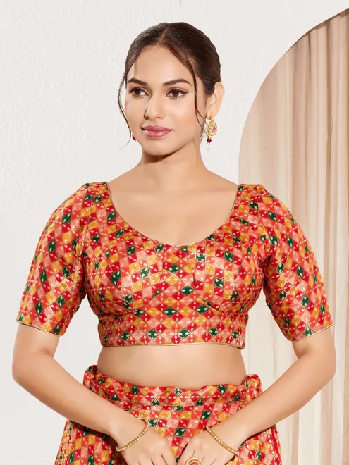 Red jacquard printed blouse with round neckline