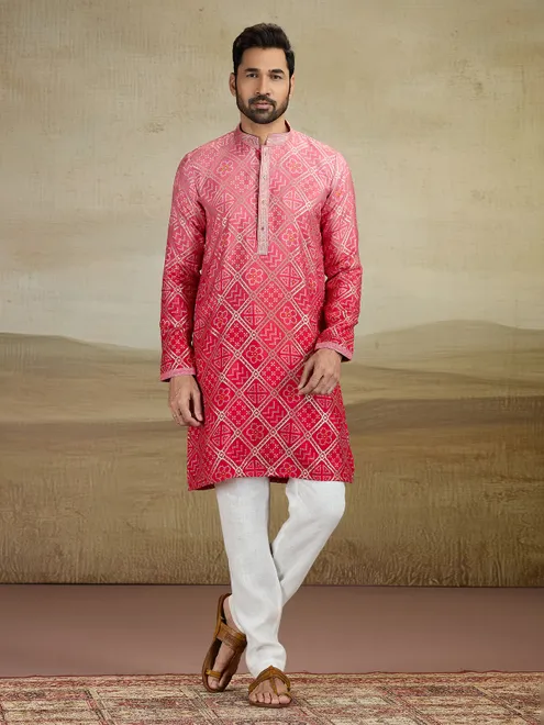 Red jacquard silk prnted kurta pajama for men