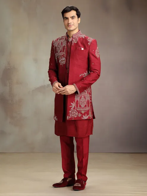 Red jacquard silk with jacket indo western