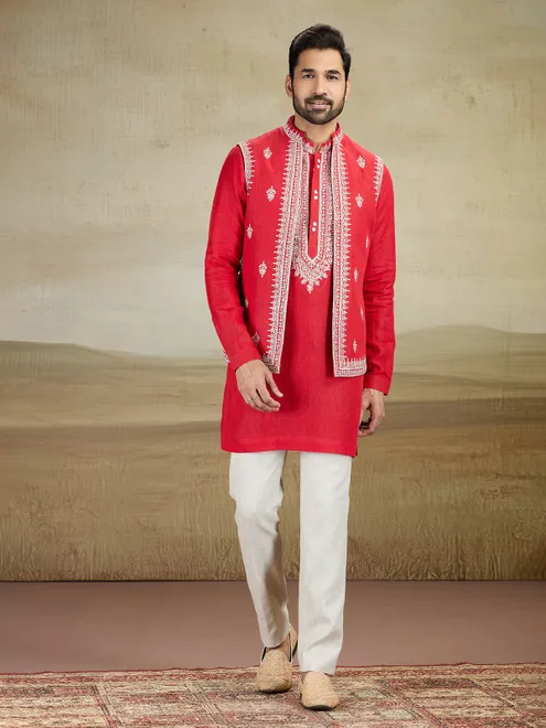 Red linen waistcoat set for wedding