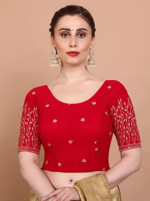 Red lycra strechable ready made blouse with embroidered