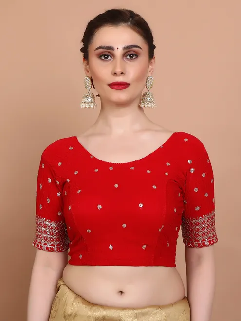 Red lycra strechable ready made blouse with sequins