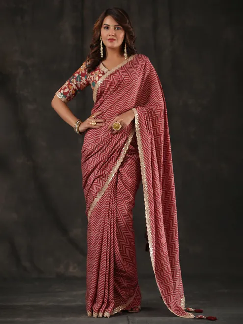 Red modal silk zig zag pattern saree for women