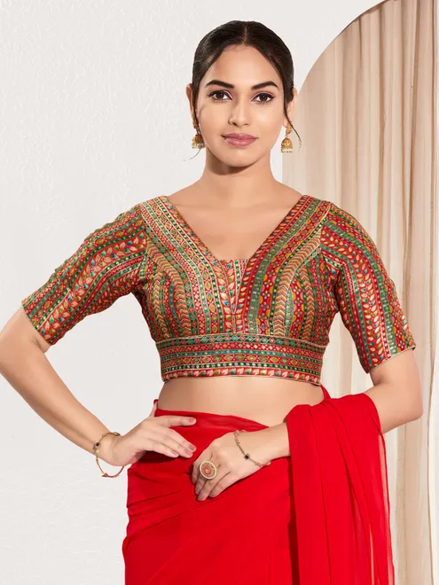 Red multicolor brocade V neck printed blouse