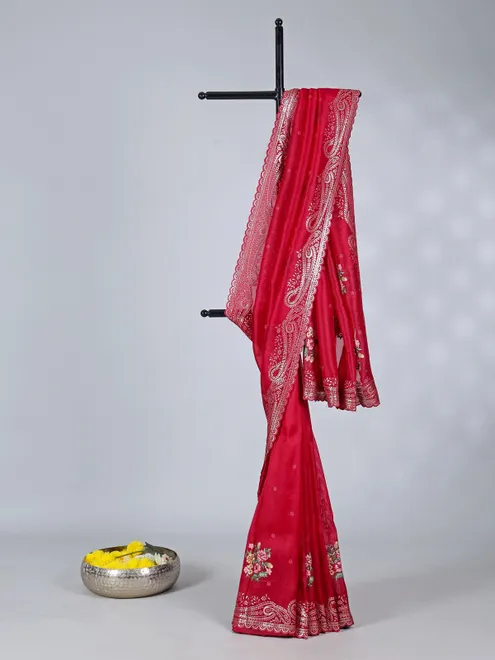 Red organza saree with traditional sequins work
