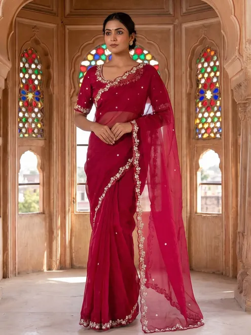 Red organza tissue saree with luxurious cutdana festive detailing