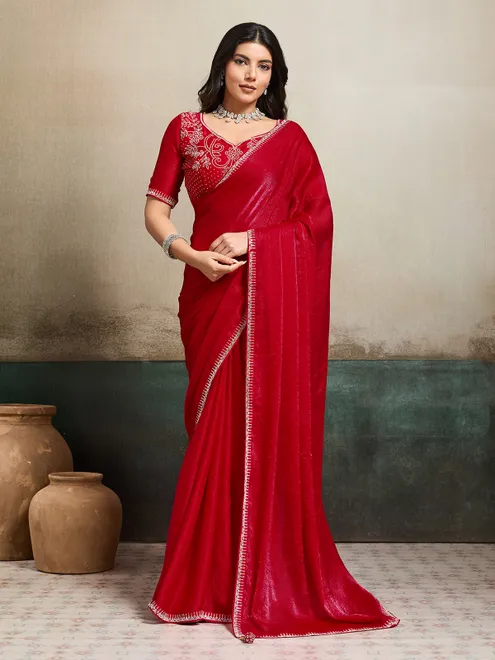 Red party wear fandy chiffon saree