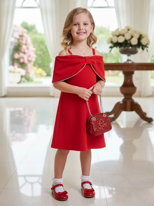 Red party wear terry rayon frock for girls
