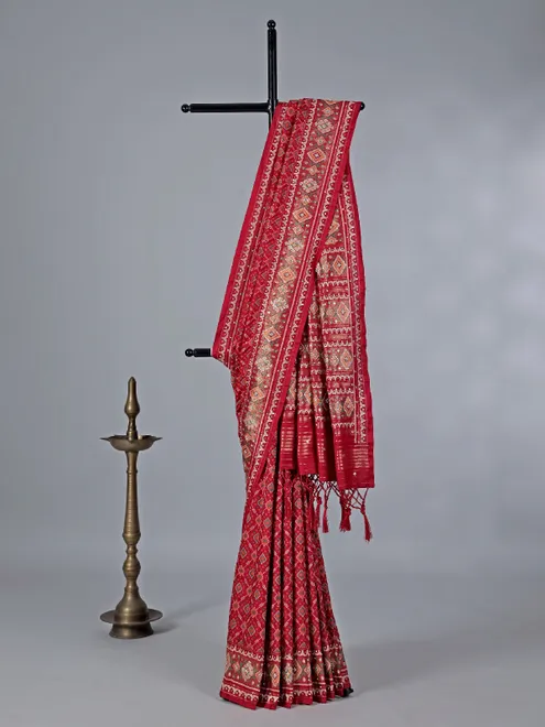 Red patola silk saree with zardosi weaving