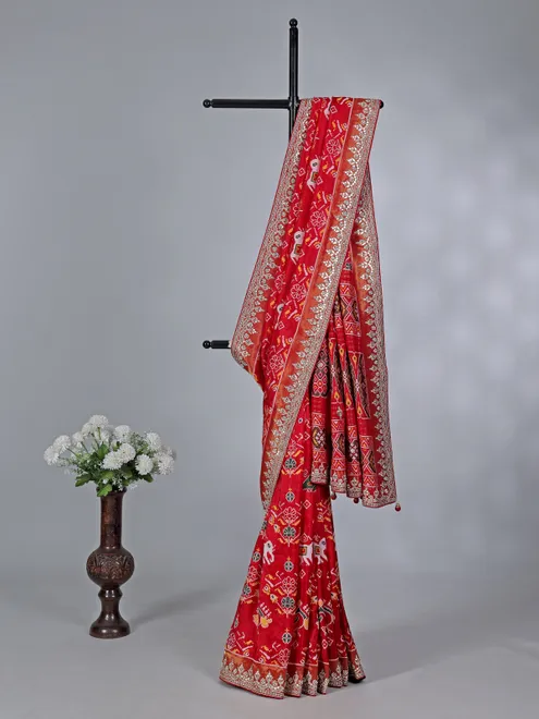 Red patola silk wedding wear saree for women
