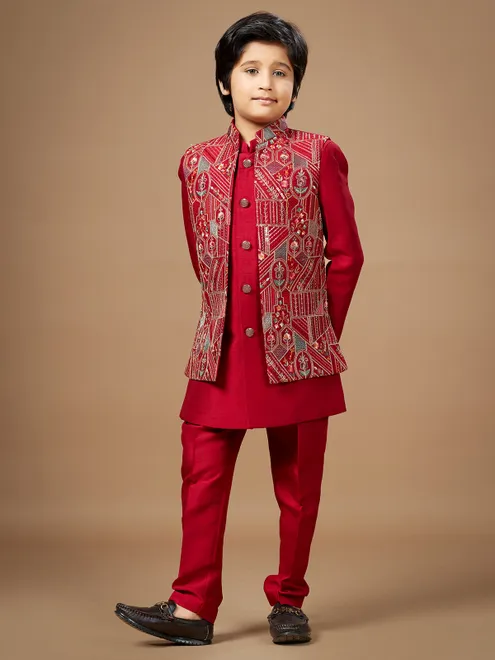 Red premium jacket style waist coat set for boy