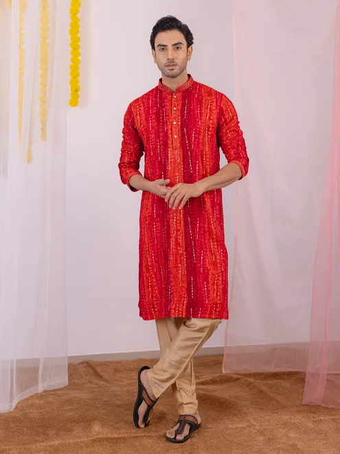 Red printed cotton silk kurta suit
