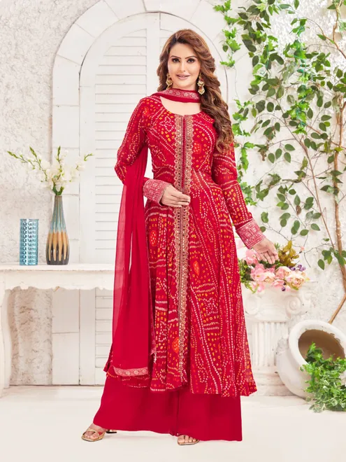 Red printed festive wear georgette palazzo suit