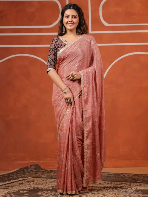 Red printed muslin saree with ready made blouse for women