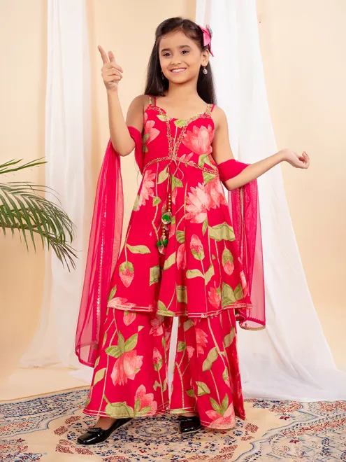 Red printed palazzo suit with dupatta for girls