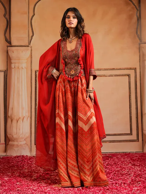 Red printed palazzo suit with shrug