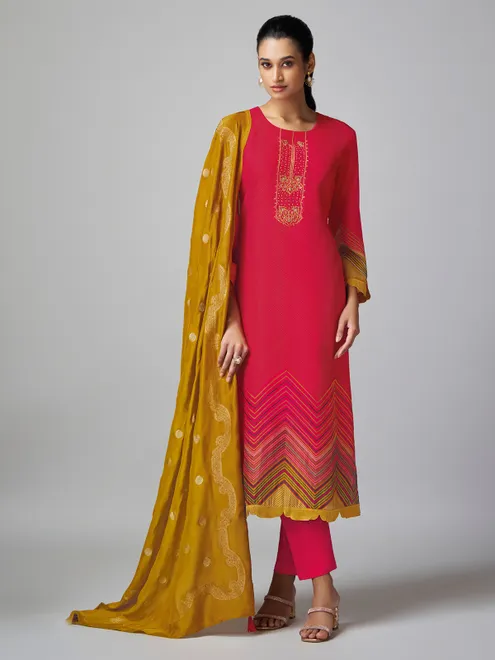 Red printed salwar suit in tusser silk