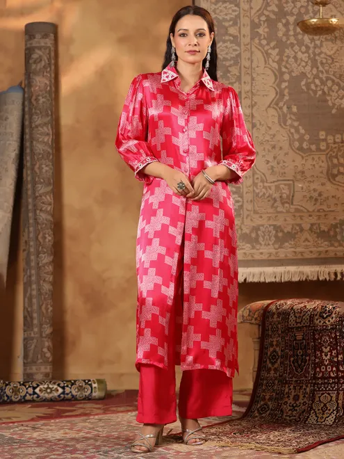 Red printed satin silk kurti set