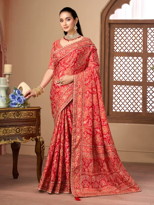 Red printed satin silk wedding wear saree
