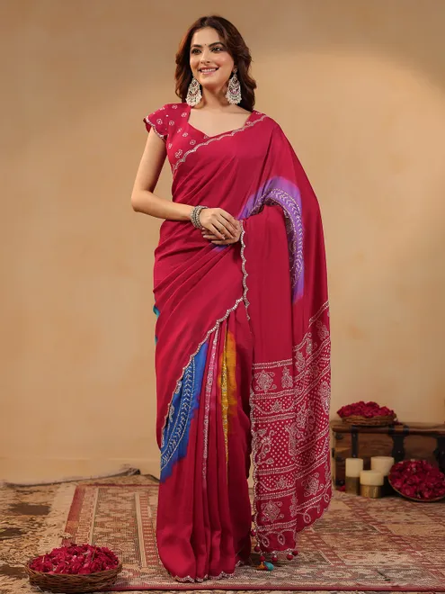 Red printed silk festive occasion saree