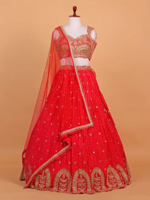 Red printed silk lehenga choli for women
