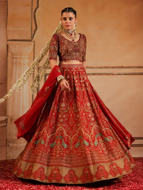 Red printed silk lehenga choli wedding wear