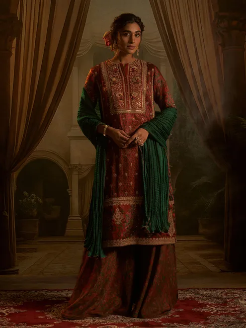 Red printed silk pakistani suit