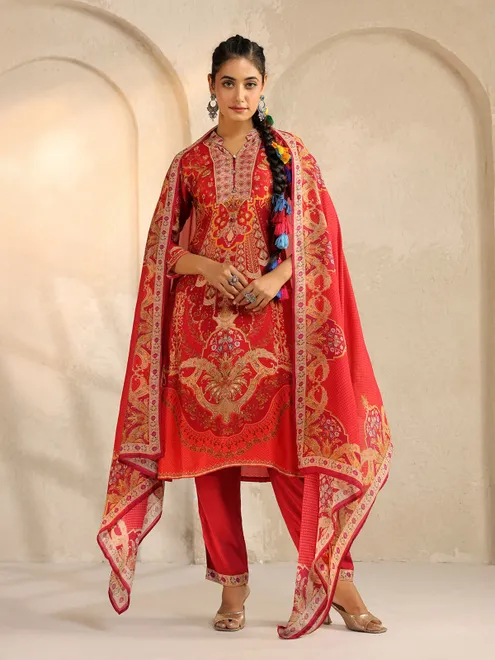 Red printed silk salwar suit for women