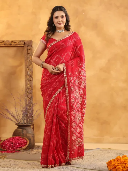 Red printed silk saree for festive wear